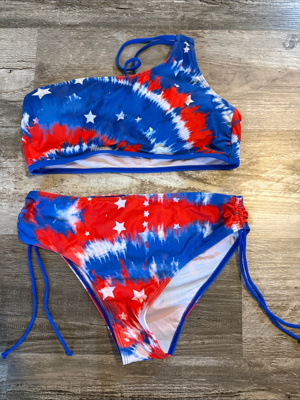 One-Shoulder Red & Blue Star Tie-Dye Swim Set